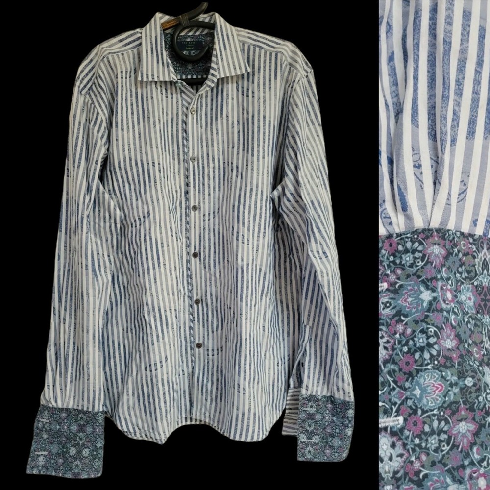Ted Baker London Archive Mens Blue Stripe Contrast Floral Flip Cuff Shirt 17 2XL